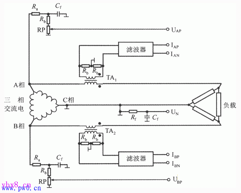 采用三相三线制三角形接法的ADE7752(三相电能计量系统)电路图